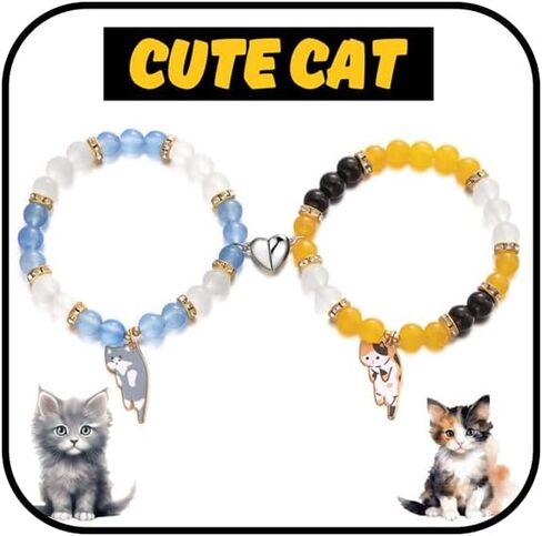 WETMT 2PCS Cat Bracelet for Couple Cat Matching Best Friend Couple Bracelets Cute Cat Beaded Charm Bracelets BFF Long Distance Bracelets for 2 Christmas Valentines Fashion Jewelry in Saudi Arabia