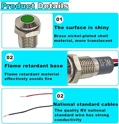 8mm/0.31" Signal Indicator Light, AC/DC 12V-24V Waterproof Panel Mount Warning Lamps with Wire, LED Signal Pilot Lamp for Car Truck Boat (Green) in Kuwait