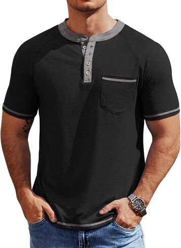 COOFANDY Mens Henley Shirts Short Sleeve Casual Button T-Shirts Basic Tee Shirts Summer Vintage T Shirts with Pocket in Kuwait