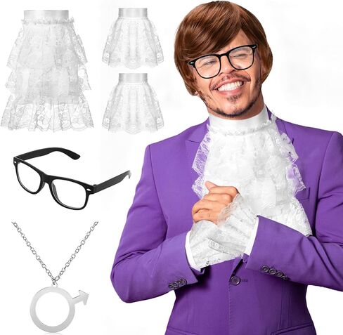 6 قطع من أزياء الهالوين السبعينات للرجال، شعر مستعار قصير بني مضحك للرجال، قلادة رمز الذكور، ياقة من الدانتيل الأبيض ونظارات لإكسسوارات ملابس حفلات الهالوين في السبعينات in Kuwait