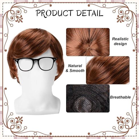 6 قطع من أزياء الهالوين السبعينات للرجال، شعر مستعار قصير بني مضحك للرجال، قلادة رمز الذكور، ياقة من الدانتيل الأبيض ونظارات لإكسسوارات ملابس حفلات الهالوين في السبعينات in Kuwait