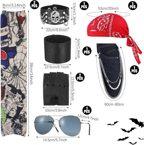 مجموعة أزياء mepase 9 قطع لعيد القديسين في الثمانينيات من الروك بانك للرجال، قبعة جمجمة الروك، نظارات شمسية لسائقي الدراجات النارية، أكمام قوطية، قفازات بدون أصابع، أساور معصم، إكسسوارات تنكرية للرجال والنساء البالغين (رائع) in Kuwait