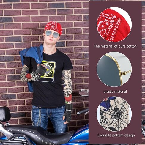 مجموعة أزياء mepase 9 قطع لعيد القديسين في الثمانينيات من الروك بانك للرجال، قبعة جمجمة الروك، نظارات شمسية لسائقي الدراجات النارية، أكمام قوطية، قفازات بدون أصابع، أساور معصم، إكسسوارات تنكرية للرجال والنساء البالغين (رائع) in Kuwait