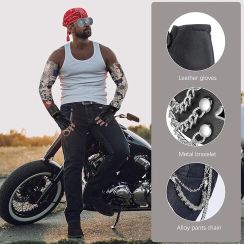 مجموعة أزياء mepase 9 قطع لعيد القديسين في الثمانينيات من الروك بانك للرجال، قبعة جمجمة الروك، نظارات شمسية لسائقي الدراجات النارية، أكمام قوطية، قفازات بدون أصابع، أساور معصم، إكسسوارات تنكرية للرجال والنساء البالغين (رائع) in Kuwait