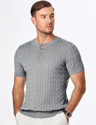 JMIERR Men's Knit Henley Shirts Casual Short Sleeve Button T-Shirt Cable Knitted Polo Shirts Golf Shirt in Kuwait