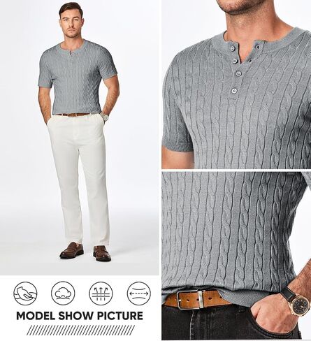 JMIERR Men's Knit Henley Shirts Casual Short Sleeve Button T-Shirt Cable Knitted Polo Shirts Golf Shirt in Kuwait