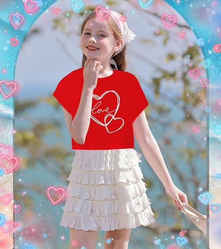 Tkria Girl Crop Tops Valentine's Day Short Sleeve Tshirt Tie Dye Heart Teen Girls Shirt Clothes 6-14 Years in Saudi Arabia