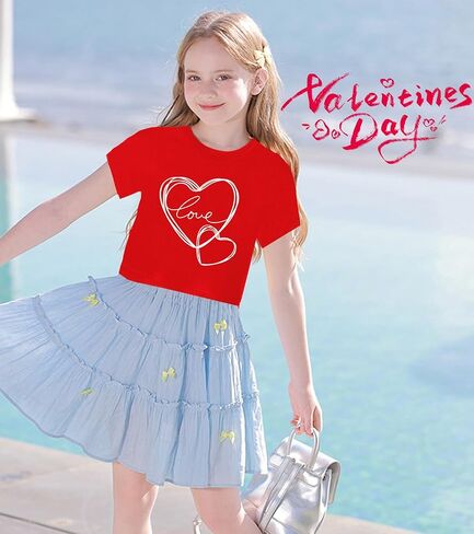 Tkria Girl Crop Tops Valentine's Day Short Sleeve Tshirt Tie Dye Heart Teen Girls Shirt Clothes 6-14 Years in Saudi Arabia