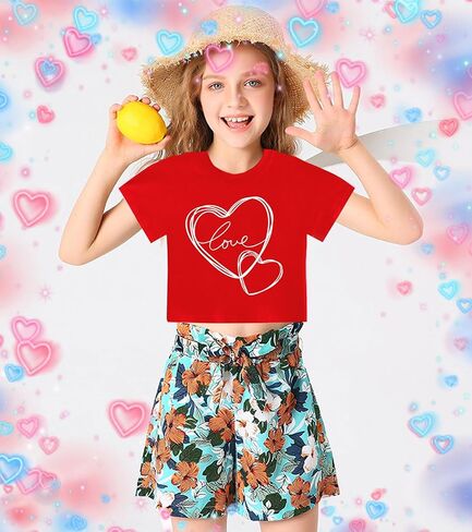 Tkria Girl Crop Tops Valentine's Day Short Sleeve Tshirt Tie Dye Heart Teen Girls Shirt Clothes 6-14 Years in Saudi Arabia