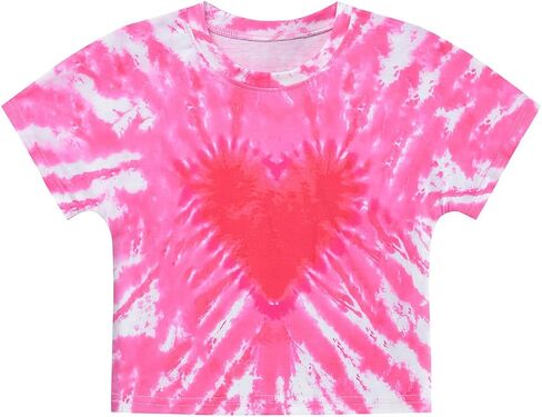 Tkria Girl Crop Tops Valentine's Day Short Sleeve Tshirt Tie Dye Heart Teen Girls Shirt Clothes 6-14 Years in Saudi Arabia