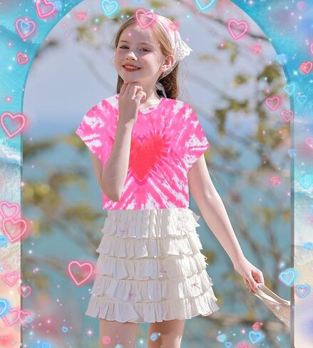 Tkria Girl Crop Tops Valentine's Day Short Sleeve Tshirt Tie Dye Heart Teen Girls Shirt Clothes 6-14 Years in Saudi Arabia