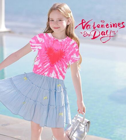 Tkria Girl Crop Tops Valentine's Day Short Sleeve Tshirt Tie Dye Heart Teen Girls Shirt Clothes 6-14 Years in Saudi Arabia