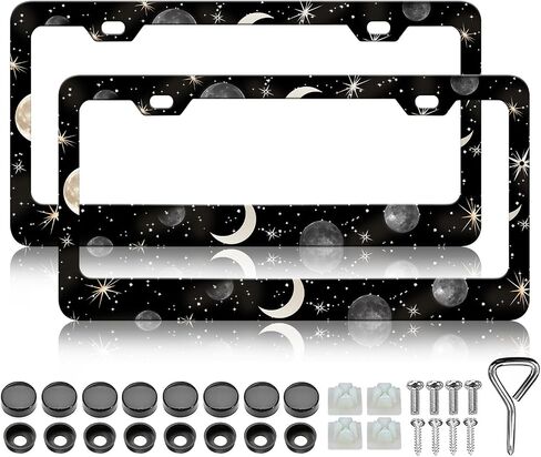 2PCS Galaxy License Plate Frames Star Moons License Plate Holder Universal Stainless Steel Auto Parts Rust-Proof Waterproof Car Decorative Tag Frames for Standard US 12x6 Inch in Saudi Arabia
