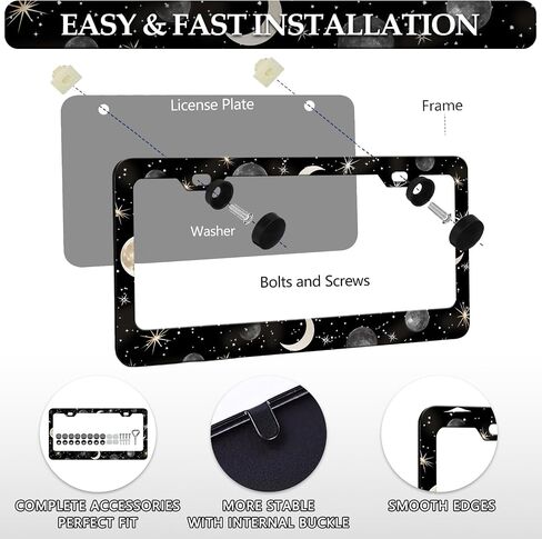 2PCS Galaxy License Plate Frames Star Moons License Plate Holder Universal Stainless Steel Auto Parts Rust-Proof Waterproof Car Decorative Tag Frames for Standard US 12x6 Inch in Saudi Arabia