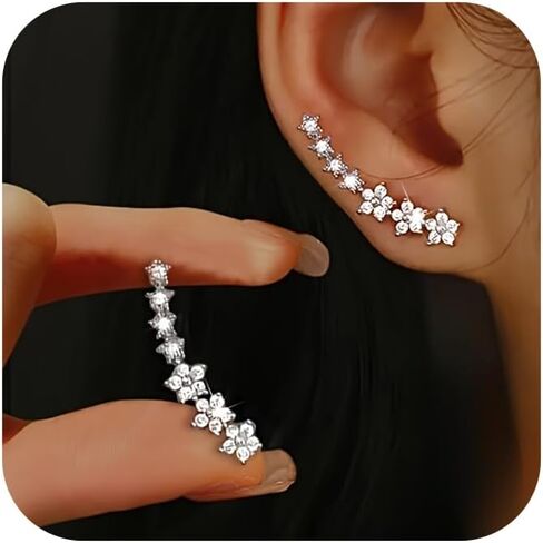 Dainty Cz Flowers Ear Climbers Stud Earrings for Women 925 Sterling Silver Small Trend Flower Cuff Crawler Earrings for Bride Wedding Valentine's Day Christmas Jewelry Gift in Saudi Arabia