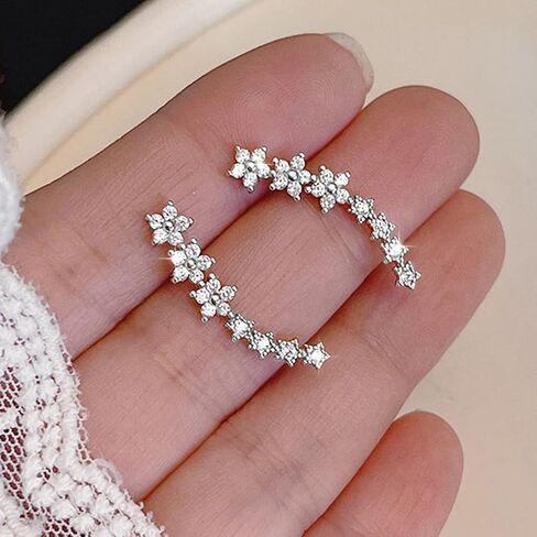 Dainty Cz Flowers Ear Climbers Stud Earrings for Women 925 Sterling Silver Small Trend Flower Cuff Crawler Earrings for Bride Wedding Valentine's Day Christmas Jewelry Gift in Saudi Arabia