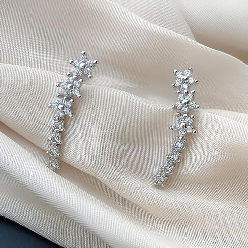 Dainty Cz Flowers Ear Climbers Stud Earrings for Women 925 Sterling Silver Small Trend Flower Cuff Crawler Earrings for Bride Wedding Valentine's Day Christmas Jewelry Gift in Saudi Arabia