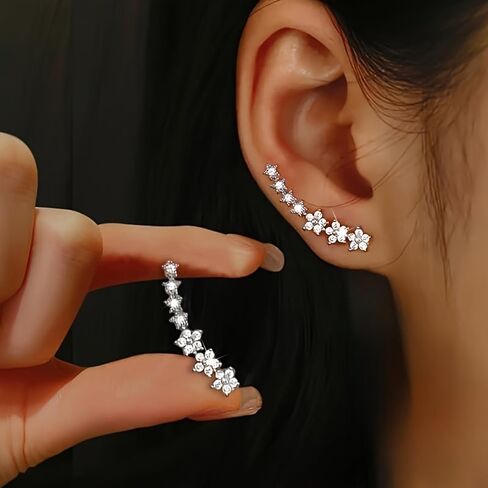 Dainty Cz Flowers Ear Climbers Stud Earrings for Women 925 Sterling Silver Small Trend Flower Cuff Crawler Earrings for Bride Wedding Valentine's Day Christmas Jewelry Gift in Saudi Arabia