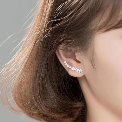 Dainty Cz Flowers Ear Climbers Stud Earrings for Women 925 Sterling Silver Small Trend Flower Cuff Crawler Earrings for Bride Wedding Valentine's Day Christmas Jewelry Gift in Saudi Arabia