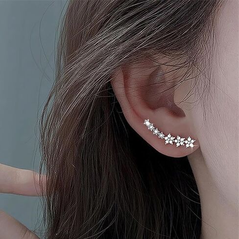 Dainty Cz Flowers Ear Climbers Stud Earrings for Women 925 Sterling Silver Small Trend Flower Cuff Crawler Earrings for Bride Wedding Valentine's Day Christmas Jewelry Gift in Saudi Arabia
