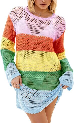 ملابس سباحة نسائية صيفية من Langwyqu من الكروشيه بأكمام طويلة وفتحة رقبة دائرية وألوان متعددة بدلة استحمام ملابس سباحة فستان للشاطئ in Kuwait