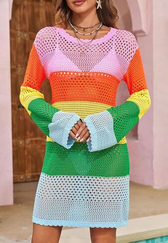 ملابس سباحة نسائية صيفية من Langwyqu من الكروشيه بأكمام طويلة وفتحة رقبة دائرية وألوان متعددة بدلة استحمام ملابس سباحة فستان للشاطئ in Kuwait