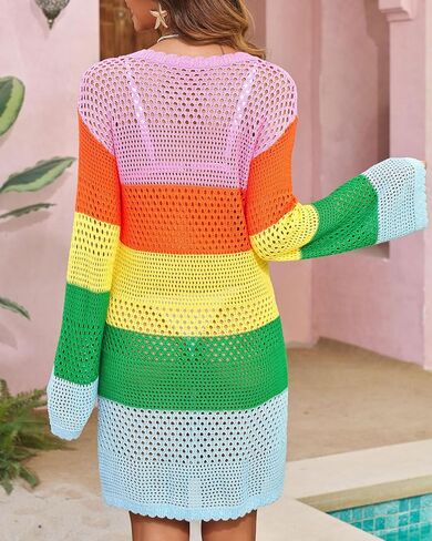 ملابس سباحة نسائية صيفية من Langwyqu من الكروشيه بأكمام طويلة وفتحة رقبة دائرية وألوان متعددة بدلة استحمام ملابس سباحة فستان للشاطئ in Kuwait