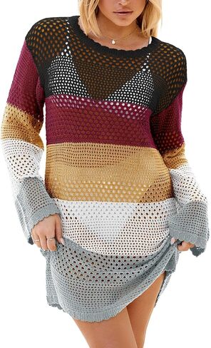 Langwyqu Womens Summer Crochet Swimsuit Coverup Long Sleeve Crewneck Color Block Bathing Suit Swimwear Cover Ups Beach Dress in Saudi Arabia