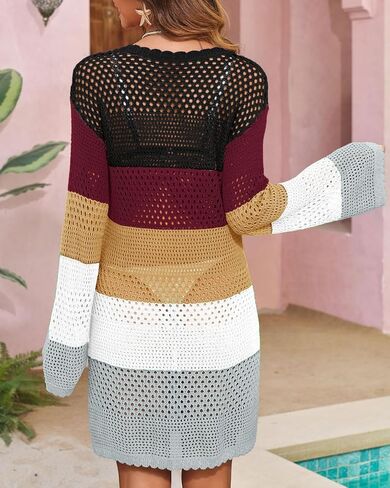 Langwyqu Womens Summer Crochet Swimsuit Coverup Long Sleeve Crewneck Color Block Bathing Suit Swimwear Cover Ups Beach Dress in Saudi Arabia