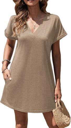 AI'MAGE Women's Beach Swimsuit Coverup V Neck Short Sleeve Cover Up Swimwear Bikini T-Shirt Dress with Pockets in Saudi Arabia