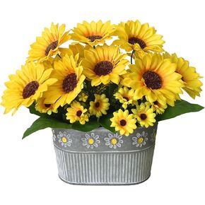 Set of 2 Artificial Flowers in Vase, Sunflowers Table Centerpieces for Dining Room, Rustic Farmhouse Home Décor Faux Flower Arrangement