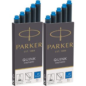 Parker Quink Washable Ink Fountain Pen Refill Cartridges, 10 Blue Ink Refills (3016031PP) (10 Cartridges, Blue)