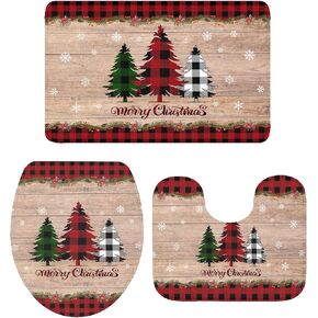 Zadaling Merry Christmas 3-Piece Bath Rug Mat Sets,Buffalo Plaid Farm Xmas Tree Snowflake Pine Tree Absorbent Non-Slip Bathroom Doormat Runner Rugs, Toilet Seat Cover, U-Shaped Toilet Floor Mat,Large