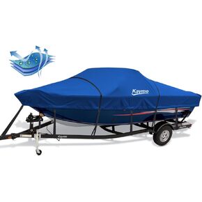غطاء قارب Kayme 600D شديد التحمل، قماش قارب مقاوم للماء والتمزق، قماش مشمع مع أشرطة مقاومة للرياح. مناسب لـ V-Hull، Tri-Hull، Bass Boat، Fish & Ski Boat، الطول 17'-19'، العرض حتى 96 بوصة.