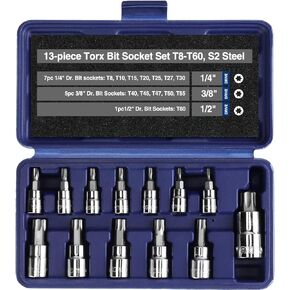 WORKPRO 13-Piece Torx Bit Socket Set T8-T60, 1/4", 3/8" and 1/2" Drive, S2 Steel 6 Point Star Bits and CR-V Sockets with Storage Case For Hand Use Work On Cars, Trucks