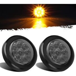 Partsam 2Pcs 2 Inch Round Amber Led Side Marker and Clearance Lights 9 Diodes Smoke Lens w Reflectors Trailer Truck Lights Submersible 12V Grommets Pigtails, Sealed 2 Round Led Marker Trailer Lights