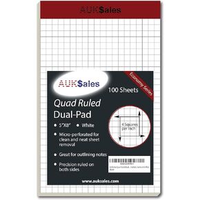 Quad Ruled Dual Graph Pad 5 x 8 Inches -White Color 100 sheets per Perforated Pad, use in school, home and office Pack of 1