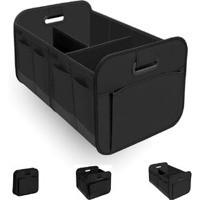 GABIHERE - Car Trunk Organizer with 3 Compartments and Multiple Pockets, Collapsible Black Storage Box with Dividers, Foldable Trunk Organizer
