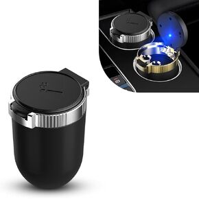 Tesnaao 1 PC Car Ashtray, 3.93" x 2.75" x 1.88" Large Center Console Opening Designed Flame Retardant Stainless Steel Liner Trash Can with Cap, Detachable Neat Accessories, for Cars (Blue & Black)