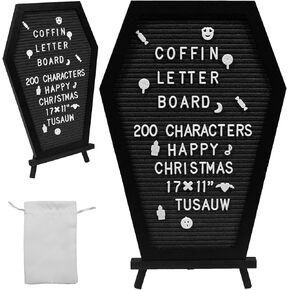 TUSAUW Coffin Letter Board with Holder, Gothic Message Board with White Changeable Characters and Emojis, Spooky Letterboard for Tabletop, Creepy Halloween Party Christmas Home Office School Decor