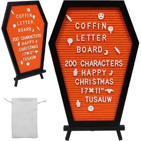 TUSAUW Coffin Letter Board with Holder, Gothic Message Board with White Changeable Characters and Emojis, Spooky Letterboard for Tabletop, Creepy Halloween Party Christmas Home Office School Decor