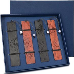 4 Pieces Wood Bookmark for Men Women Book Lovers, Handmade Natural Wooden Carving Book Mark Bookmarks Box Set, Ideal for Birthday Present, Teachers Appreciation (Traditional Style)