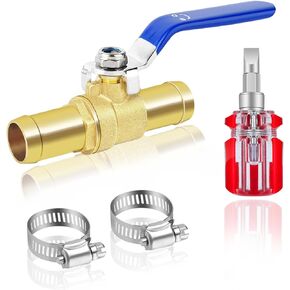 5/8 Heater Hose Shut Off Valve, 1Pack In-Line Shut Off Valve for 5/8″ Heater Hose, 5/8" Brass Barb Shut Off Valve Kit with 2pcs Stainless Steel Clamps, for Vehicle's Heating System Heater Hoses