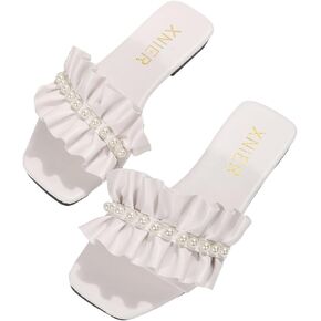 Verdusa Women's Ruffle Pearl Flat Sandals Square Open Toe Slip On Slides Summer Sandals