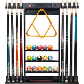 Pool Stick Holder Wall Mount, 8 Cues Solid Wood Billiard Pool Cue Rack, Pool Table Accessories (Black)