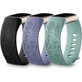 DaQin 3 Pack Sunflower Engraved Band Compatible with Fitbit Charge 6 Band/Fitbit Charge 5 Bands for Women Men, Cute Sunflower Laser Soft Sport Band Replacement Strap for Charge 6 band/Charge 5 Band