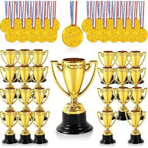 48 Pcs Mini Trophies and Medals Awards - 24 Pack 3.5 Inch Gold Plastic Trophy Cup and 24 PCS Shiny Golden Winner Medals for Kids and Adults - Perfect for Party Favors Halloween and Decorations