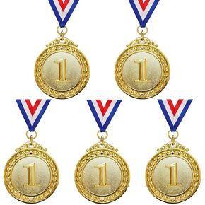 5-Pack Gold Medal Set - Olympic Style Winner Award Medals for Sports, Competitions, Spelling Bees, Party Favors, 50mm in Diameter with 80mm Ribbon