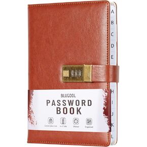 كتاب كلمة المرور مع قفل، حافظة كلمات المرور مع علامات تبويب أبجدية، منظم كلمات المرور للكمبيوتر وعنوان الإنترنت لتسجيل الدخول إلى الموقع، هدايا للمنزل والمكتب، 5.6 بوصة × 8 بوصة - بني in Kuwait