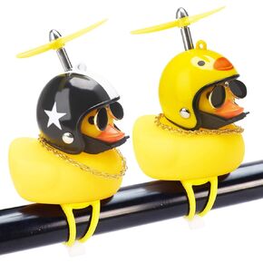 Rubber Duck Car Ornaments, 2Pcs Yellow Duck Car Dashboard Decorations Squeeze Duck Bicycle Horns with Propeller Helmet